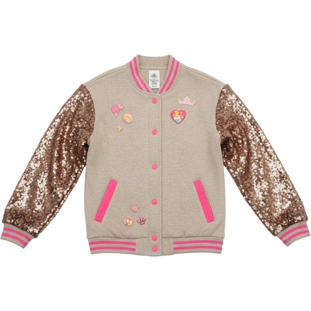 Disney Store Girls 9/10 Princess Sequin Bomber Jacket Tan Pink Varsity Coat